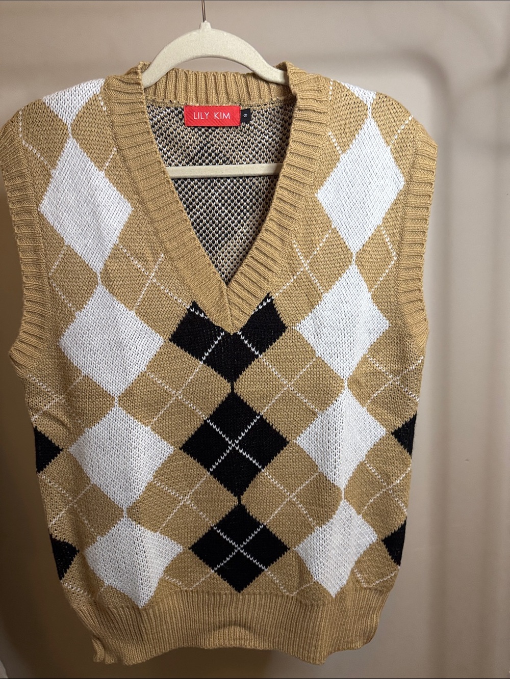Lily Kim Tan Argyle V-Neck Sweater Vest